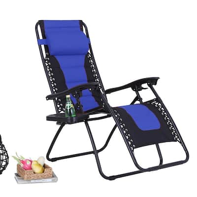 Black Metal Outdoor Patio Adjustable Recliner Black and Blue Padded Folding Zero Gravity Chair with Cup Holder