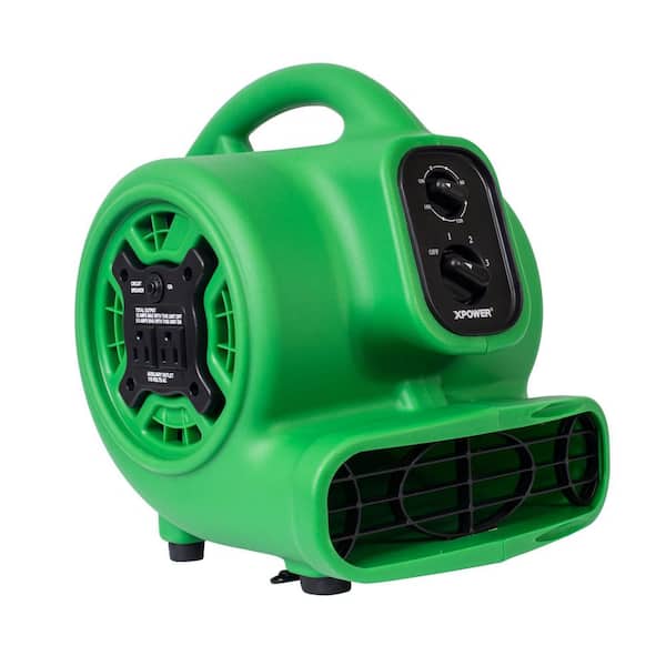 XPOWER 925 CFM 3-Speed Multi-Purpose Mini Mighty Air Mover Utility Blower Fan with Power Outlets and Timer in Green