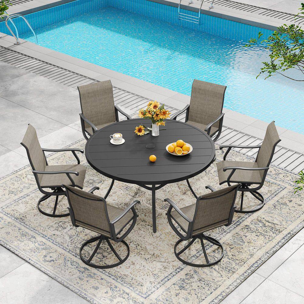 All Weather 7-Piece Metal Outdoor Patio Dining Set with 53 in. Black Round Table and 6 Brown Swivel Dining Chairs price history on PriceWatchPro