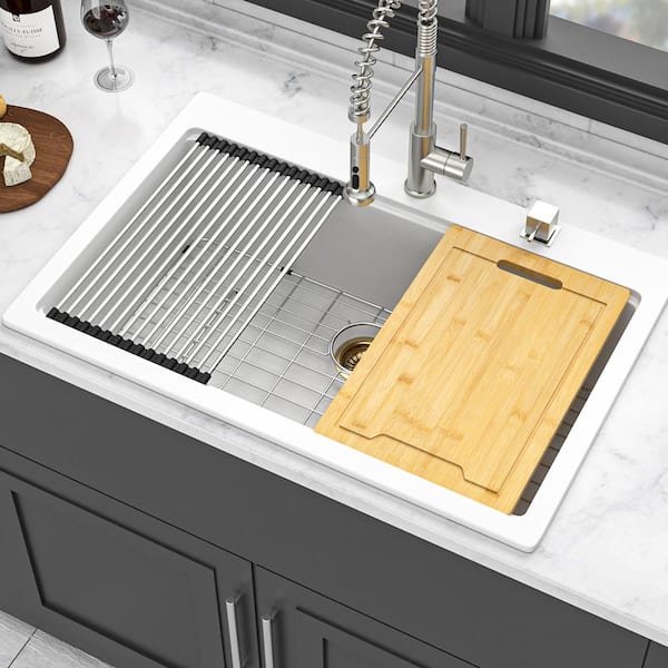 33 in. Drop-In Single Bowl White Quartz Kitchen Sink with Workstation