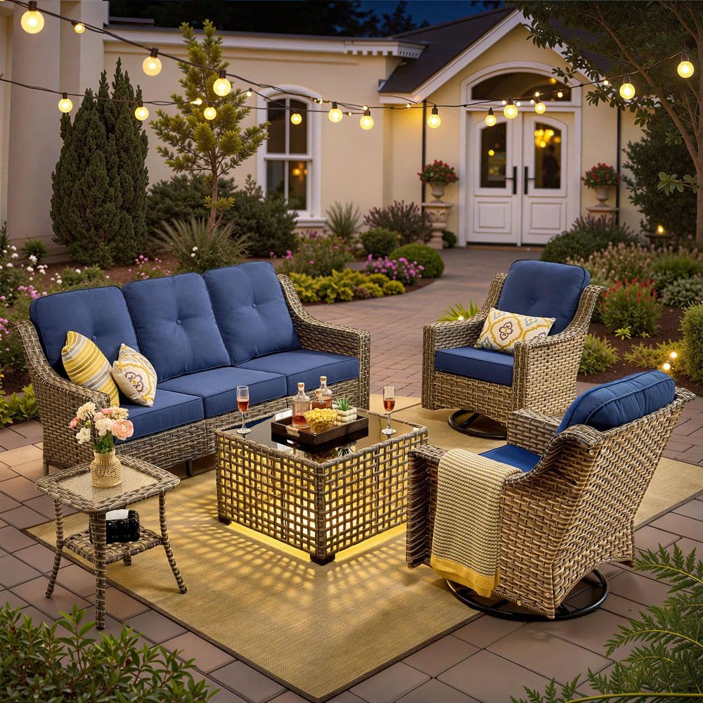 Palffy Gray 5-Piece Wicker Patio Conversation Seating Set with Navy Blue Cushions and Solar LED Coffee Table price history on PriceWatchPro