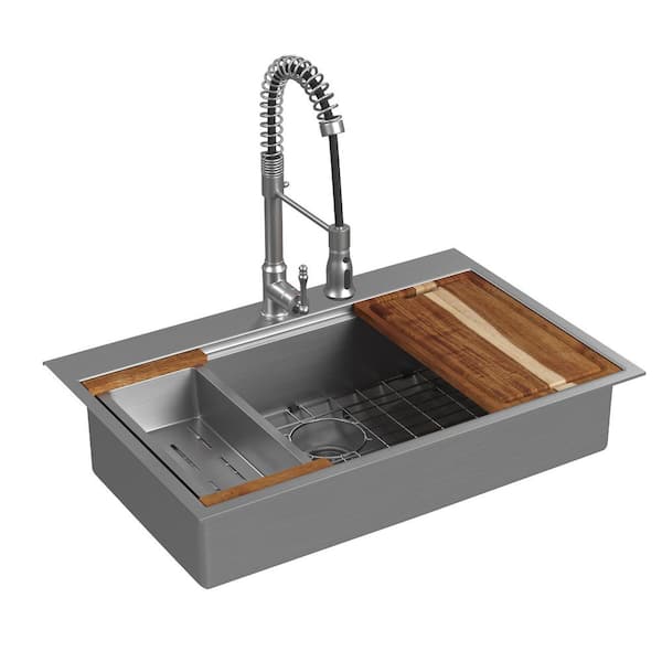 Santa Cruz 31 in. Drop-in Single Bowl 16 Gauge Bushed Stainless Steel Kitchen Sink with Faucet and Accessories