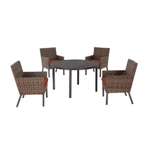 Fernlake 5-Piece Brown Wicker Outdoor Patio Dining Set with CushionGuard Quarry Red Cushions