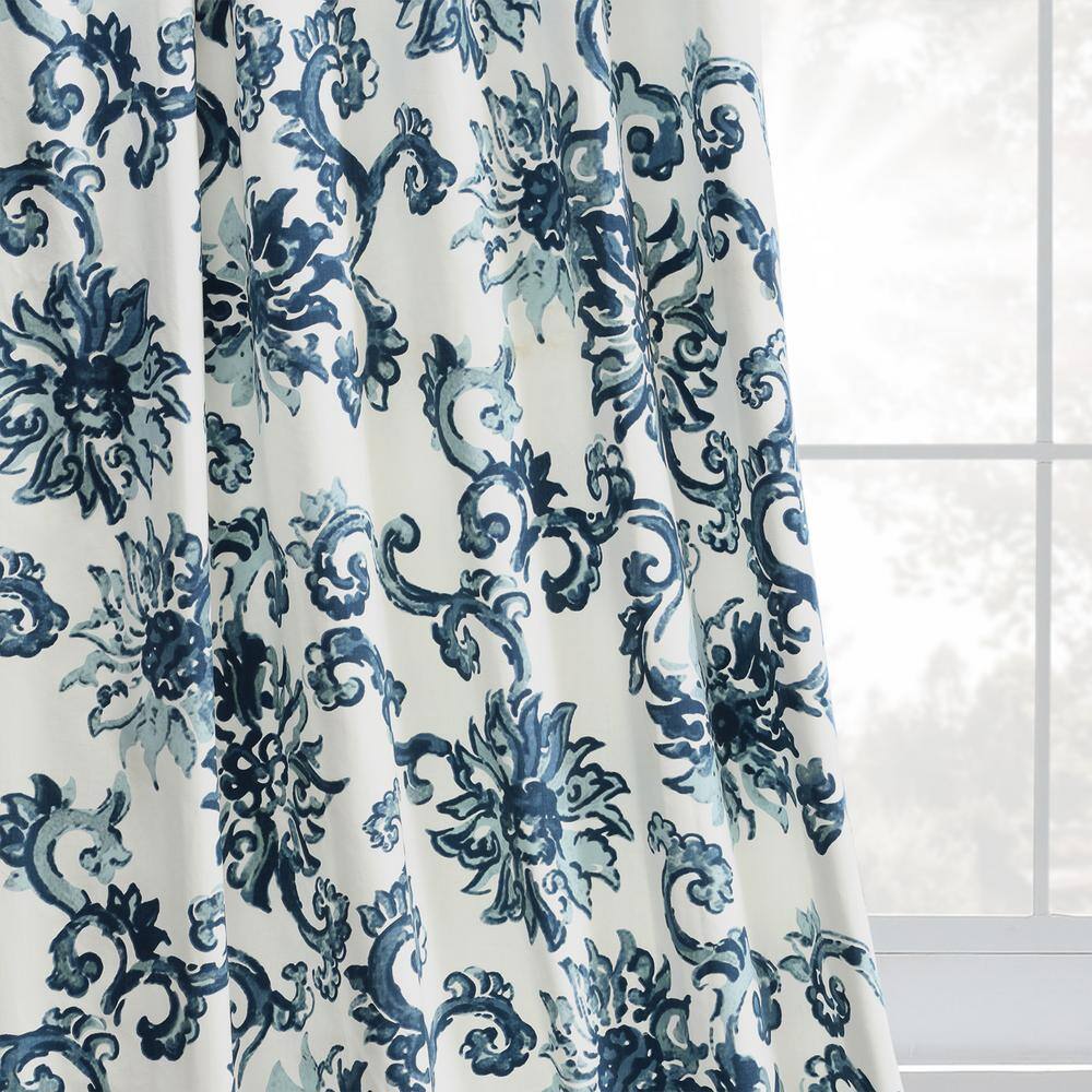 Blue Floral Cotton Room-Darkening Drapes with Hidden Tabs