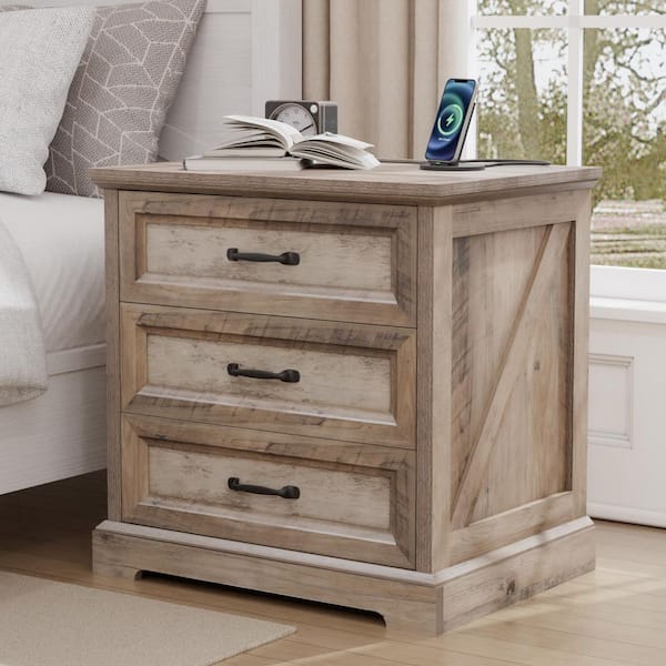 Hommpa Farmhouse Gray Wash 3-Drawer 23.6 in. W Nightstand with Charging Station