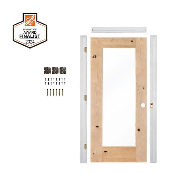 DIY 32in.x80in. Left-Hand 1-Lite Clear Glass Unfinished Knotty Alder Wood Single Interior Door Kit w/Quick Assemble Jamb
