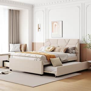 Beige Wood Frame Full Linen Upholstered Platform Bed with Brick Pattern Headboard, Twin Size Trundle and 2 Drawers