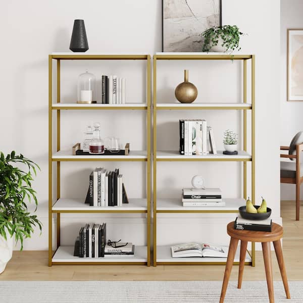 Nathan James Oscar Modern Etagere 5-Shelf Bookcase Industrial Bookshelf with Metal Frame and Wood Storage Shelves Gold//White