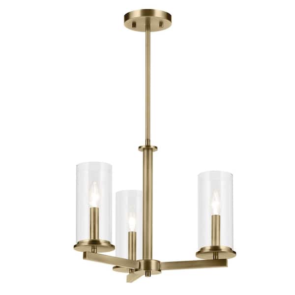 KICHLER Crosby 18 in. 3-Light Natural Brass Contemporary Candlestick Cylinder Convertible Chandelier for Dining Room