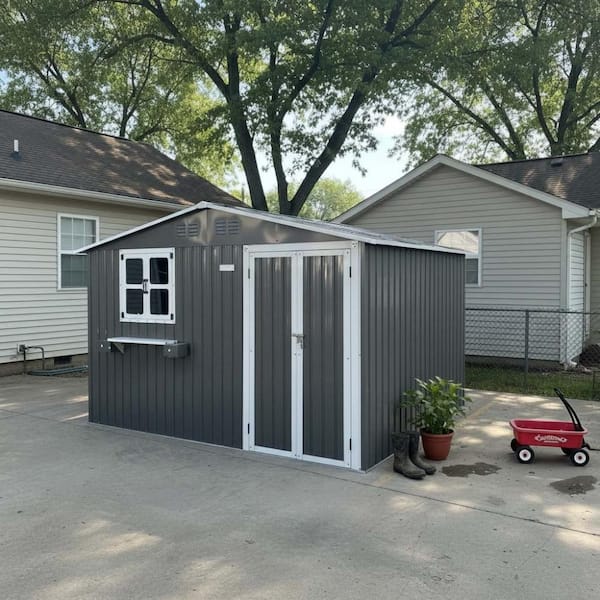 Tenleaf 10 ft. W x 8 ft. D Gray Metal Shed with Window & Flower