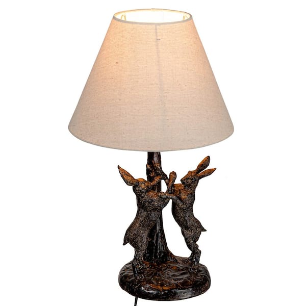 Storied Home 18.5 in. Brown and Natural Bunny Rabbit Polyresin Table Lamp with White Linen Empire Shade