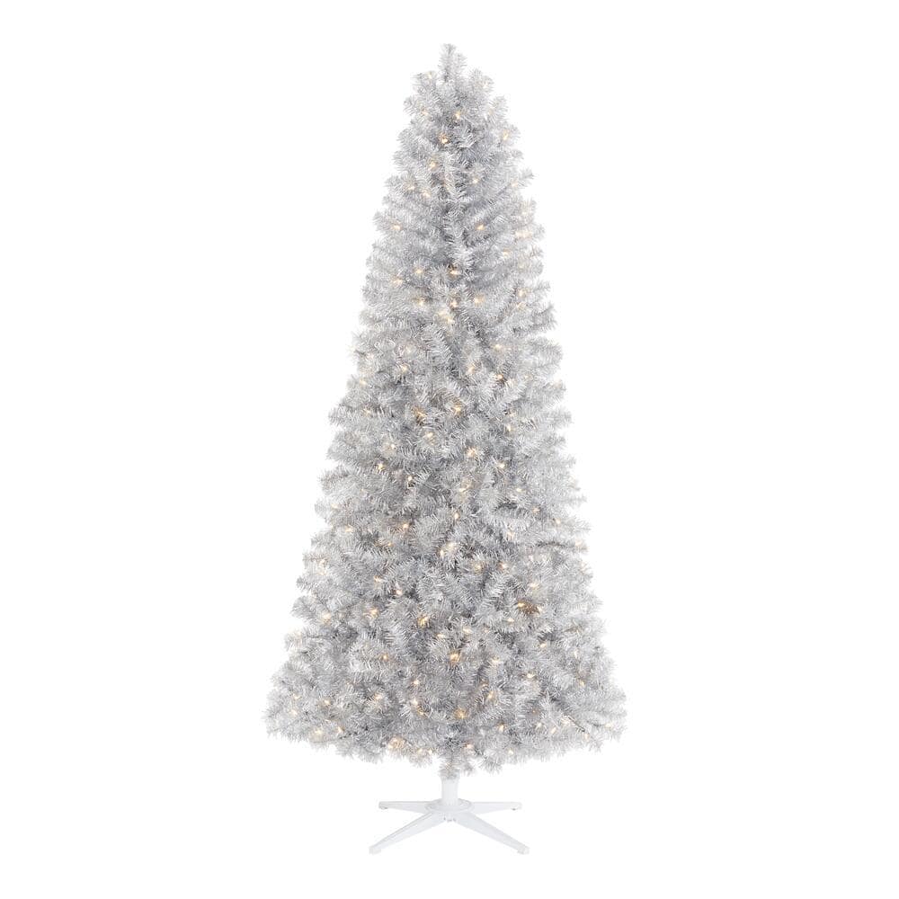 Home Accents Holiday 7 ft Shimmery Tinsel Silver Iridescent Spruce LED