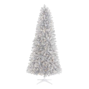 7 ft. Pre-lit LED Silver and Iridescent Tinsel Artificial Christmas Tree with 300 Warm White Lights