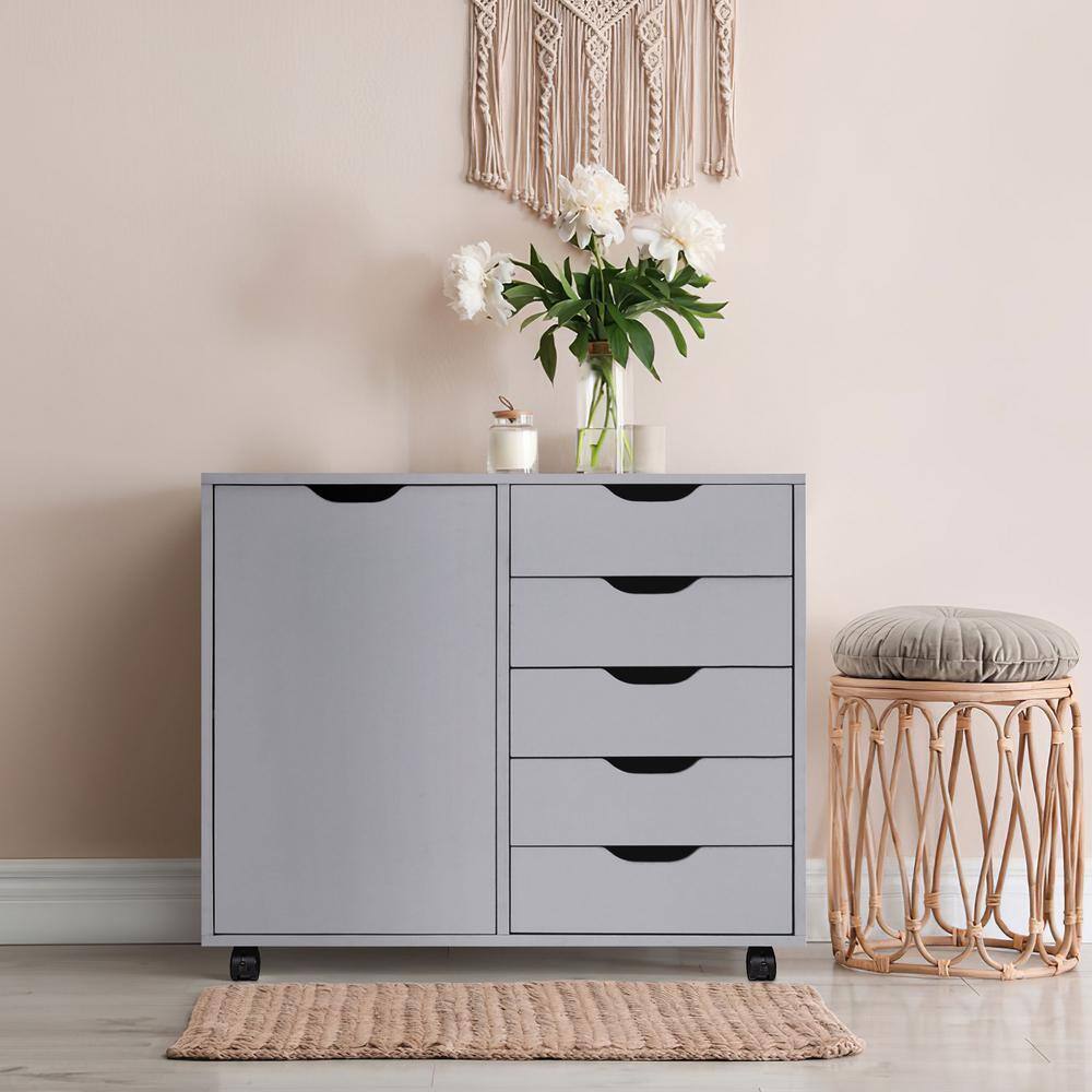 Gray Medium Wood 5-Drawer Mobile Lateral File Cabinet