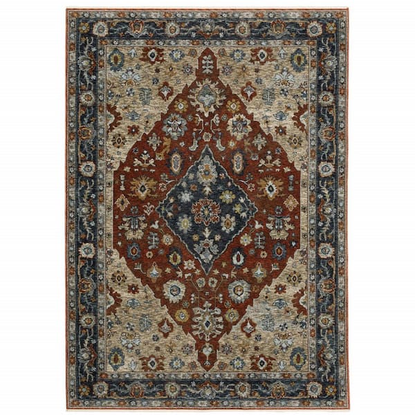 Blue Beige Tan Brown Gold and Rust Red 2 ft. x 3 ft. Oriental Power Loom Stain Resistant Area Rug with Fringe