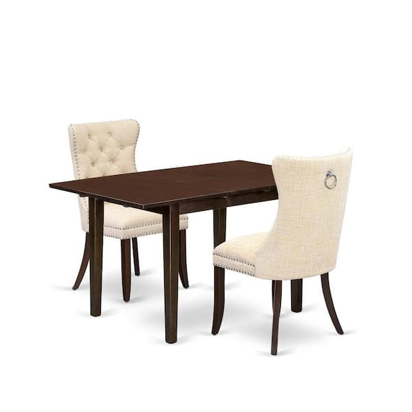 East West Furniture 3-Piece Mahogany Finish Rectangular Solid Wood Top with Butterfly Leaf Dining Table Set