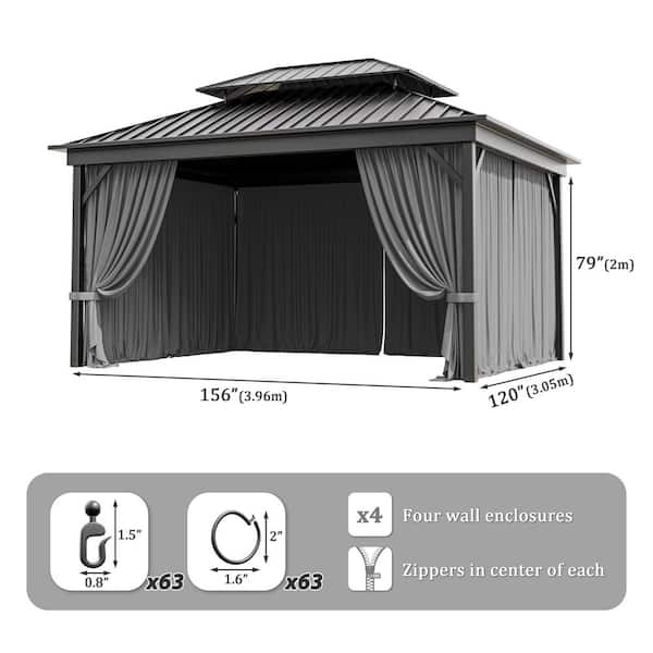 10 ft. x 13 ft. Universal Outdoor Privacy Curtains, Gazebo Replacement with Zipper Grey (4-Side Curtain Only)