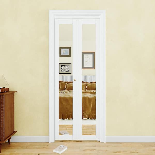 32 in. x 80.5 in. 1-Lite Mirrored Glass and Solid Core MDF White Prefinishied Closet Bifold Door with Hardware Kit