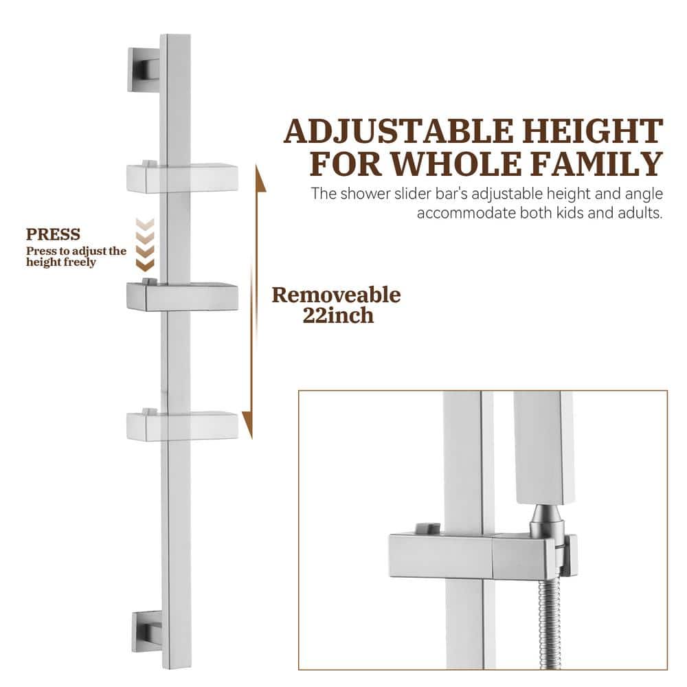 Brushed Nickel Wall-Mounted Square Rain Shower System with Handheld Spray