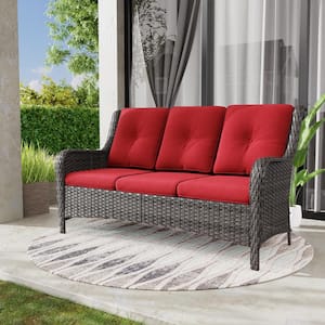 3-Seat Wicker Outdoor Patio Sofa Sectional Couch with Red Cushions