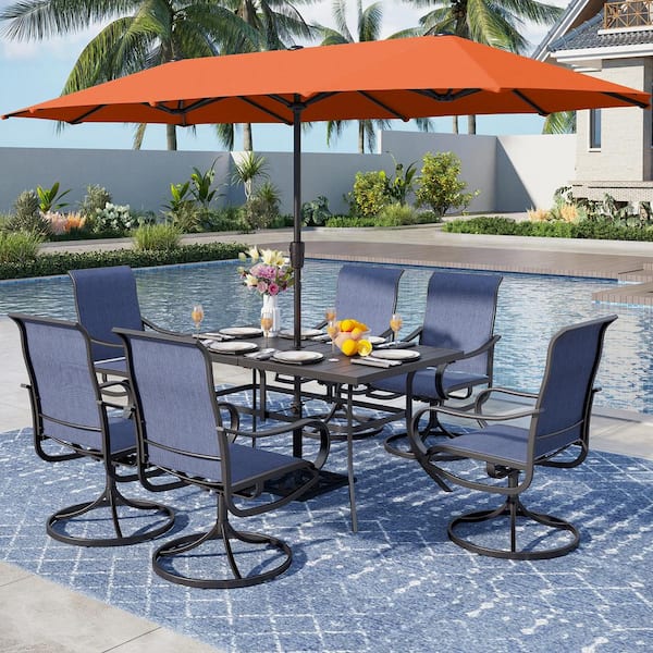 PHI VILLA Black 8-Piece Metal Rectangle Patio Outdoor Dining Set with Table, Umbrella and Textilene Swivel Chairs