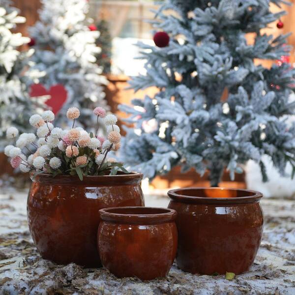 GOGEXX Set of 3, Handmade Rust Red 11.6 in. H Round Ceramic Plant