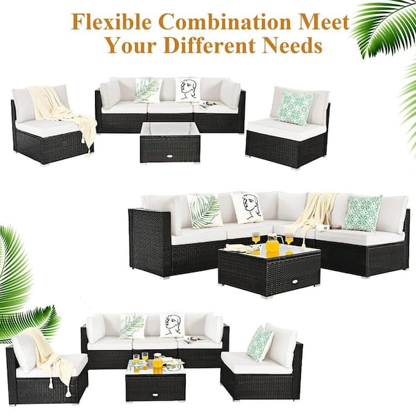 6-Piece Rattan Outdoor Sectional Sofa Set Patio Furniture Set with White Cushions