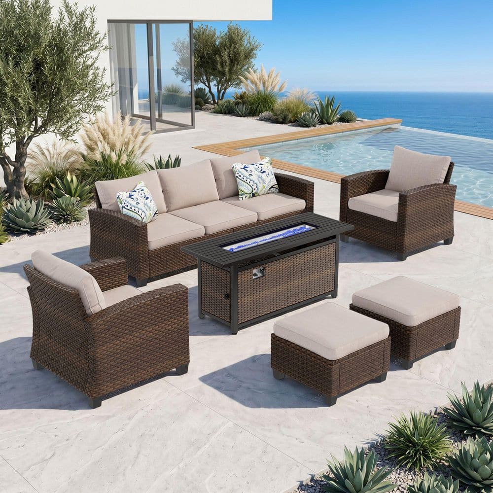 PHI VILLA Brown 6-Piece Rattan Steel Outdoor Patio Conversation