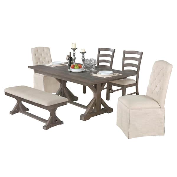 Best Quality Furniture Viviana 6-piece Dining Set Beige Linene Fabric Chair and Bench
