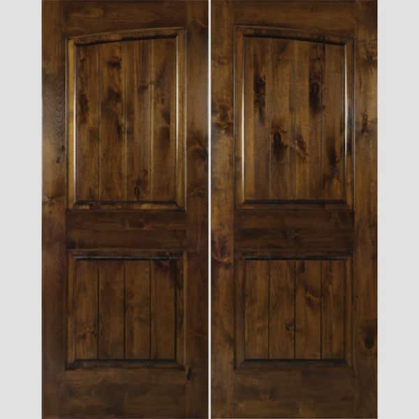 Krosswood Doors 72 in. x 80 in. Rustic Knotty Alder Common Arch Provincial Stain/V-Groove Left-Hand Wood Double Prehung Front Door