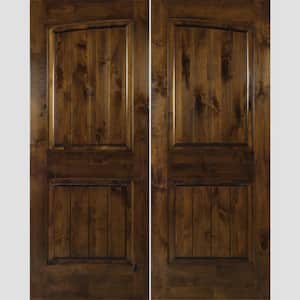 72 in. x 80 in. Rustic Knotty Alder Common Arch Provincial Stain/V-Groove Right-Hand Wood Double Prehung Front Door