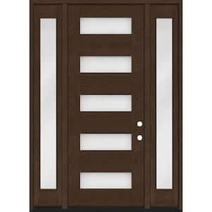 Regency 64 in. x 96 in. 5L Modern Frosted Glass LH Hickory Stain Mahogany Fiberglass Prehung Front Door w/Dbl 12in.SL