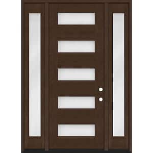 Regency 68 in. x 96 in. 5L Modern Frosted Glass LH Hickory Stain Mahogany Fiberglass Prehung Front Door w/Dbl 14in.SL