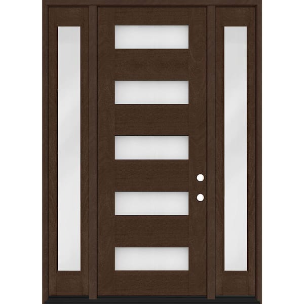 Steves & Sons Regency 68 in. x 96 in. 5L Modern Frosted Glass LH Hickory Stain Mahogany Fiberglass Prehung Front Door w/Dbl 14in.SL