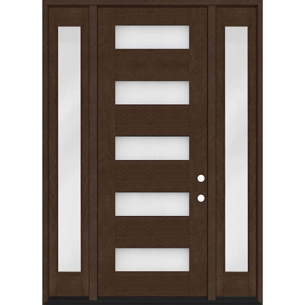 Steves & Sons Regency 64 in. x 80 in. 5L Modern Clear Glass RHOS Hickory Stain Mahogany Fiberglass Prehung Front Door w/Dbl 12 in. SL