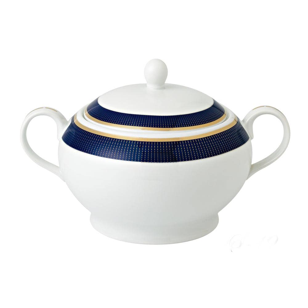 Lorren Home Trends Midnight Series 12 in. x 8.5 in. x 7 in. 4 Qt. 128 fl. oz. Blue Bone China Soup Tureen Serving Bowl with Lid (Set of 2) -  S-19
