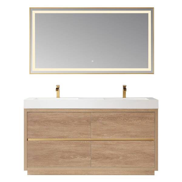 Palencia 60 in. W x 20 in. D x 33.9 in. H Double Sink Bath Vanity in N. American Oak with White Composite Top and Mirror