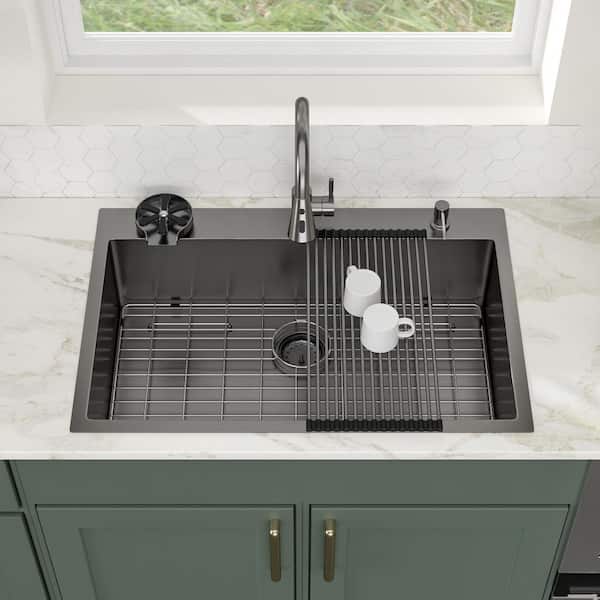 33 in. Drop-in Topmount Sink Single Bowl 16 Gauge Gunmetal Black Stainless Steel Kitchen Sink with Pull Down Faucet