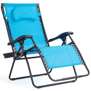 Blue Metal Outdoor Folding Recliner Zero Gravity Lounge Chair with Shade Canopy Cup Holder