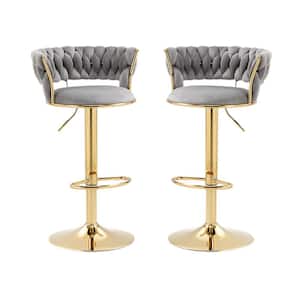 37 in. Swivel Adjustable Height Low Back Golden Metal Frame Cushioned Bar Stool with Gray Velvet Seat (Set of 2)