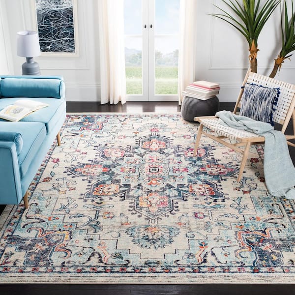 Madison Cream/Blue 8 ft. x 8 ft. Border Geometric Floral Medallion Square Area Rug