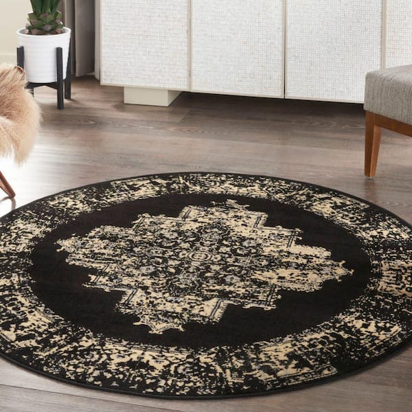 Grafix 5 ft.3 in. x Round Black Vintage Indoor Rug