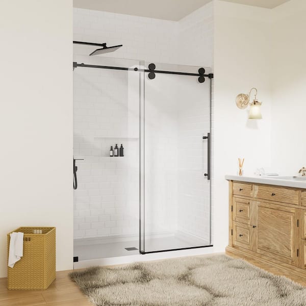 48 in. W x 76 in. H Single Sliding Frameless Shower Door in Matte Black with 5/16 in. Tempered Clear Glass