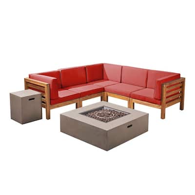 Oana Teak Brown 7-Piece Wood Patio Fire Pit Sectional Seating Set with Red Cushions