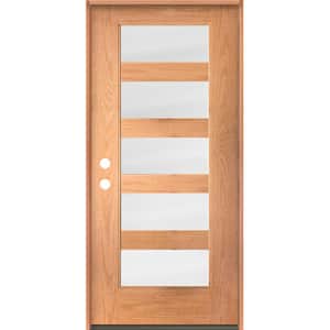 ASCEND Modern 36 in. x 80 in. Right-Hand/Inswing 5-Lite Satin Etched Glass Teak Stain Fiberglass Prehung Front Door