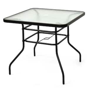 32 in. Patio Metal Square Outdoor Dining Table with Umbrella Hole and Tempered Glass