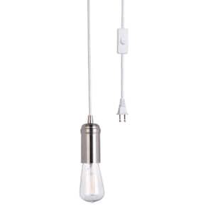 Vintage Edison 1-Light Plug-In Mini Pendant White Cord Brushed Steel Socket, In-Line On/Off Rocker Switch