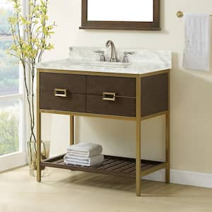 36 in. W x 20 in. D x 34.7 in. H Single Sink Freestanding Bath Vanity in Gold with White Marble Top