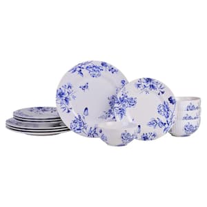 Cassian Embossed Toile Blue Porcelain 12-Pieces Dinnerware Set