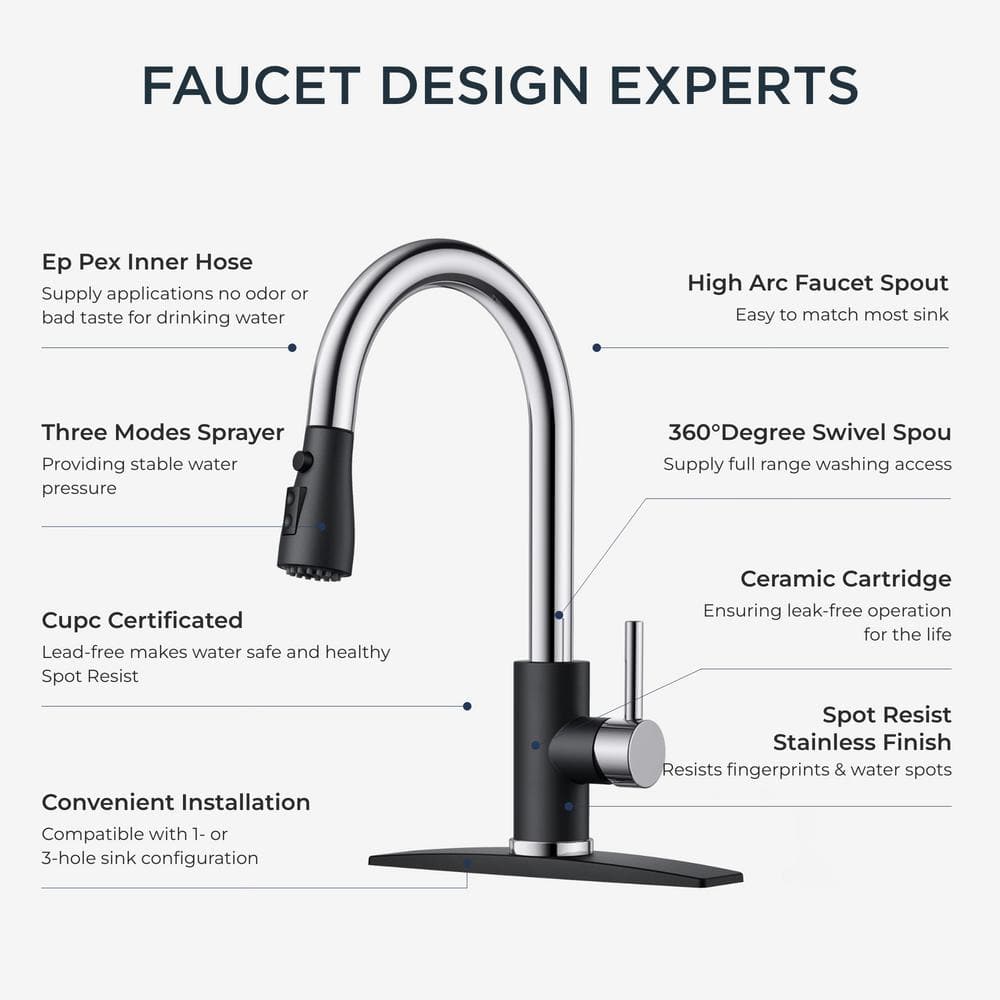Black Chrome Single Handle Pull Down Kitchen Faucet with Soap Dispenser